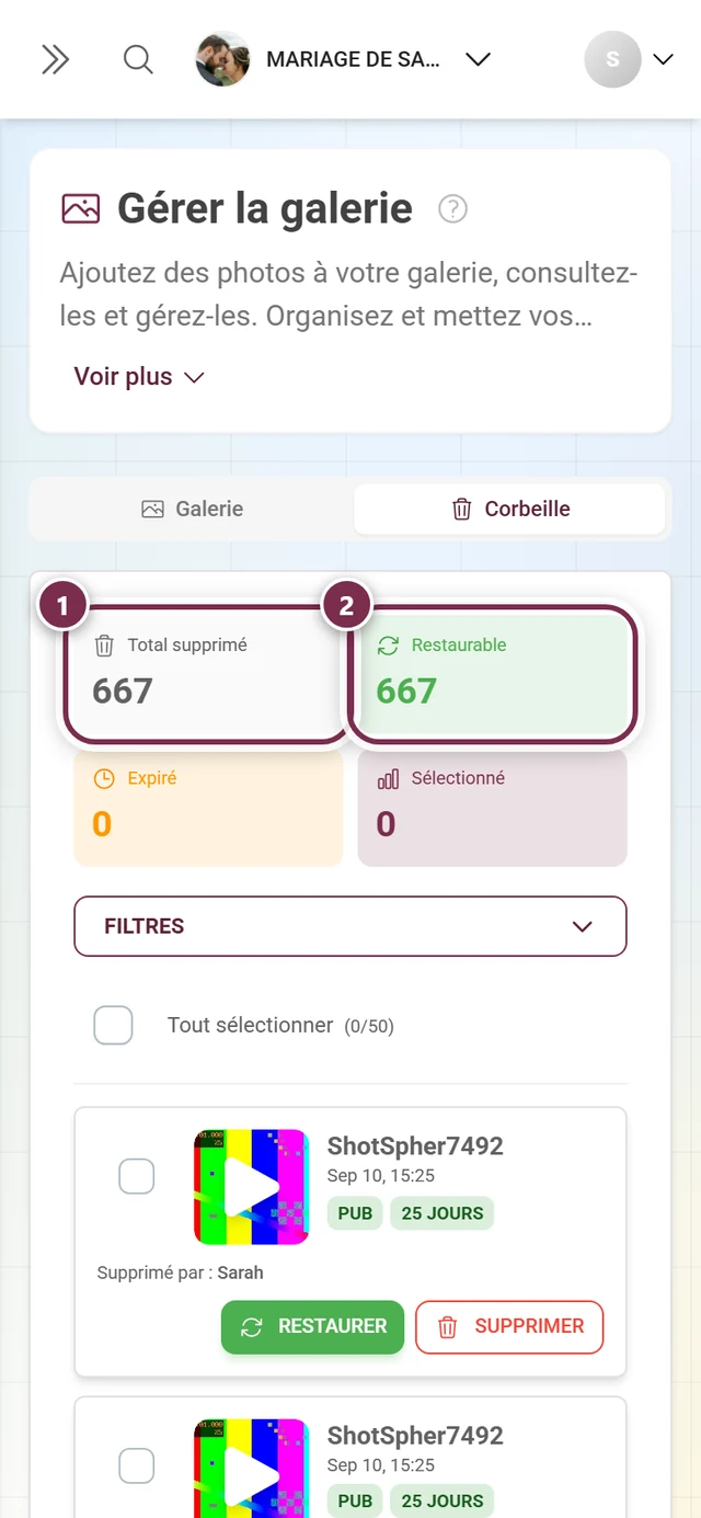 Tuiles statistiques de la corbeille, avec Total supprimé et Restaurable mis en évidence