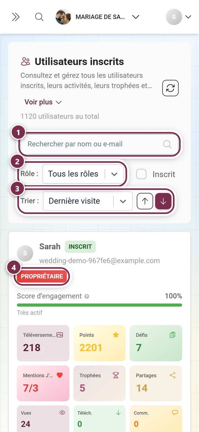 Gestion des participants avec le champ de recherche, le filtre de rôle, le tri et le badge de rôle mis en évidence