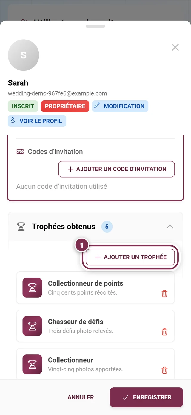Section Trophées dans la fenêtre du participant avec le bouton Ajouter un trophée mis en évidence