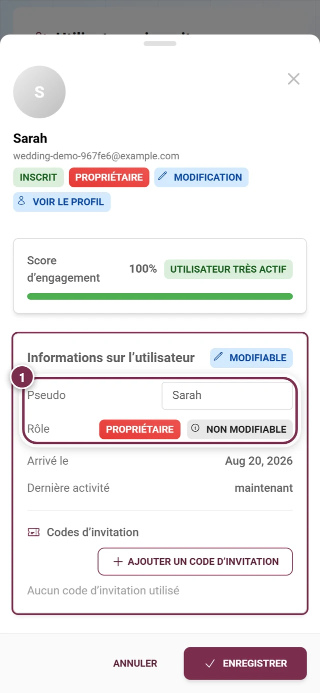 Fenêtre de détail d'un participant en mode édition avec la ligne du rôle mise en évidence