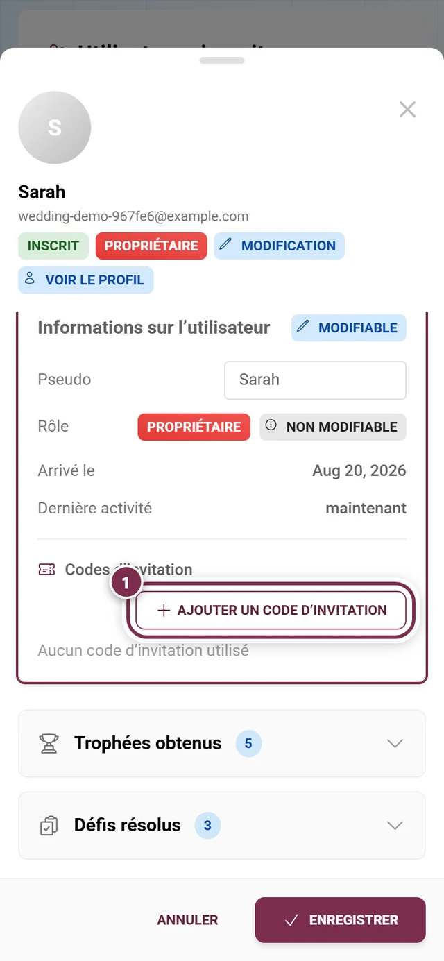 Section Codes d'invitation dans la fenêtre du participant avec le bouton Ajouter mis en évidence