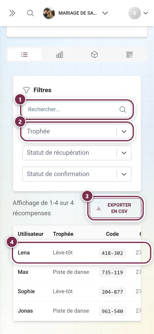 Liste des récompenses côté hôte avec les gagnants et leur statut