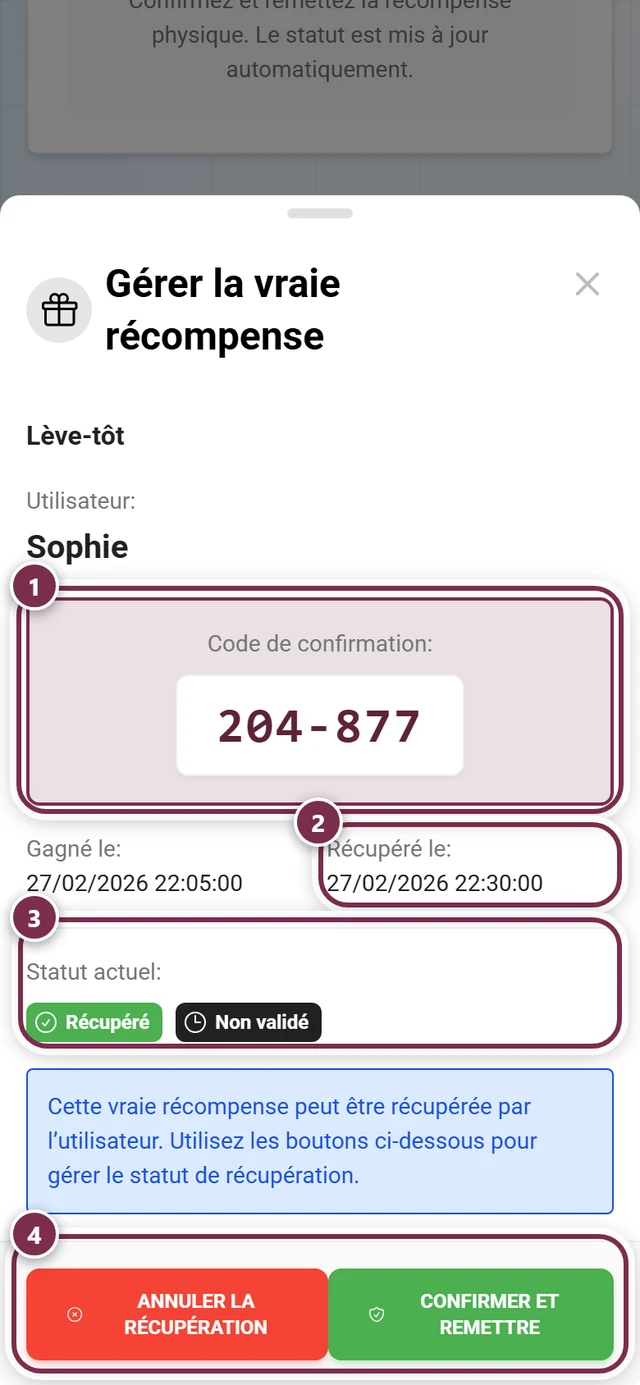 Dialog Echte Belohnung verwalten mit markiertem Code, Abholdatum, Status-Chips und den beiden Schaltflaechen
