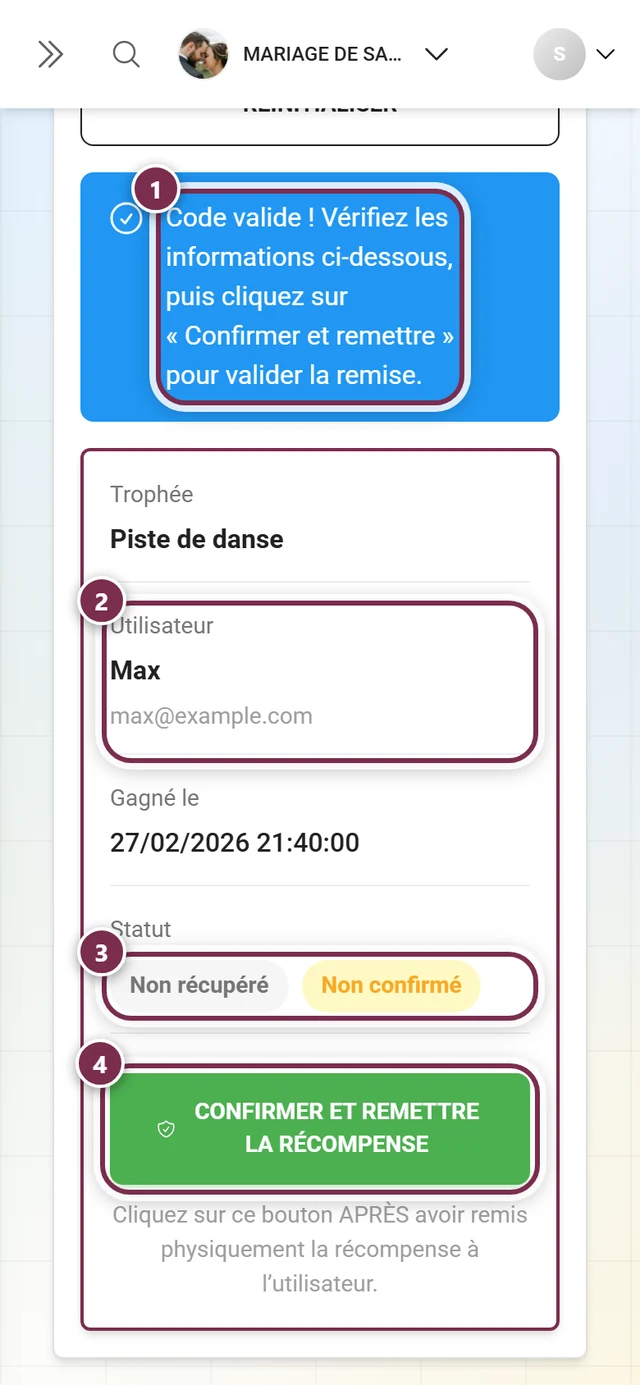 Reiter Code verifizieren nach erfolgreicher Pruefung mit Meldung, Detailkarte, Status-Chips und gruenem Knopf