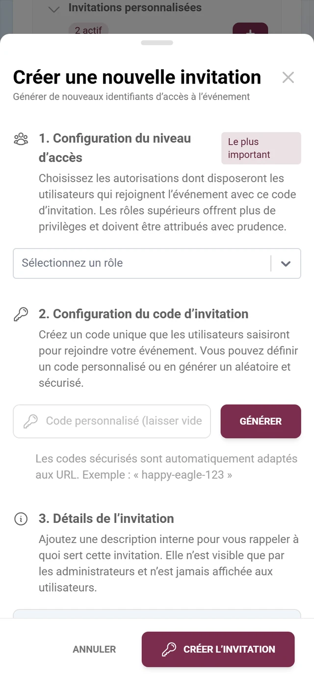 Fenêtre de création d'une invitation avec sélection de rôle et code d'invitation