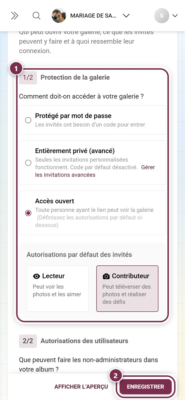 Section Protection de la galerie dans l'onglet Accès avec repère et barre d'enregistrement