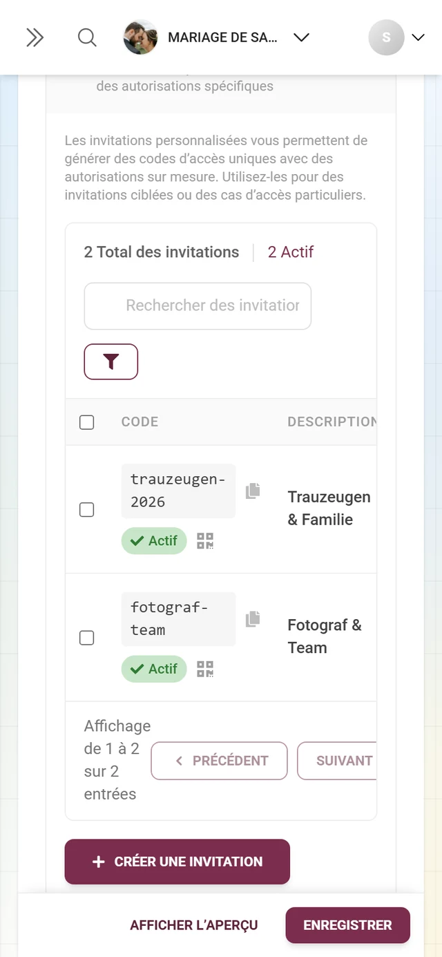 Le bloc Invitations personnalisées avec des rôles et autorisations personnalisés