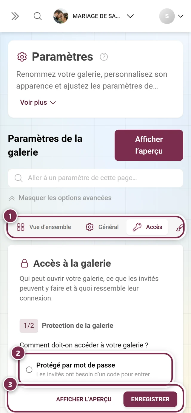 L'onglet Accès des paramètres de la galerie avec Protection de la galerie, Mode de la galerie et Codes d'invitation