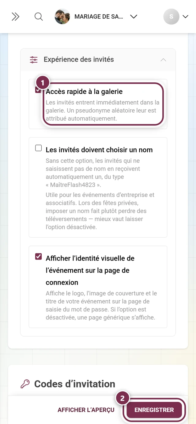 Onglet Accès avec la ligne Accès rapide à la galerie marquée et le bouton Enregistrer les modifications marqué