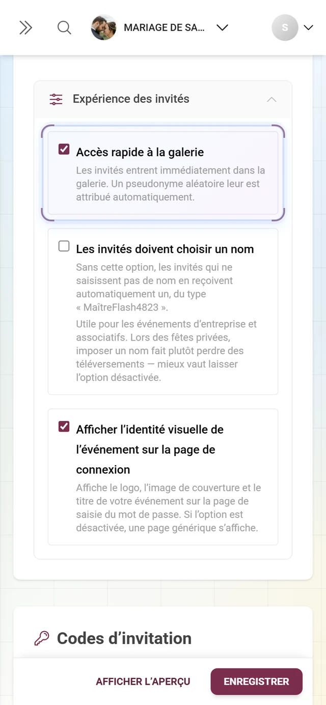 Bloc dépliable Expérience des invités ouvert, avec les cases Accès rapide à la galerie, Les invités doivent choisir un nom et Afficher l'identité visuelle de l'événement sur la page de connexion