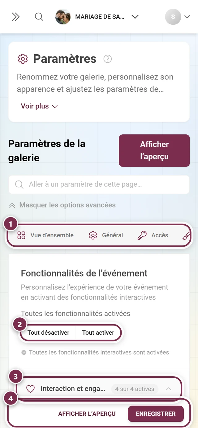 L'onglet Fonctionnalités de la galerie avec des sections en accordéon et des interrupteurs pour les mentions J'aime, les commentaires, les téléchargements et plus encore