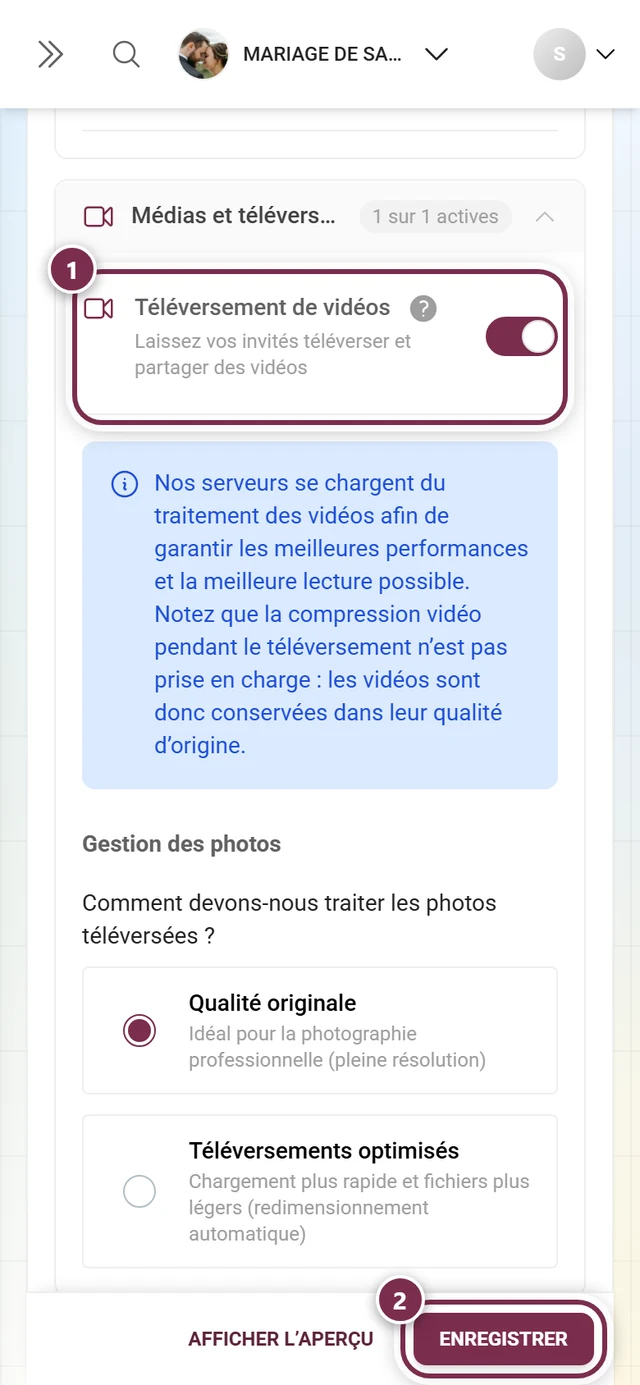 Carte de fonctionnalité Téléversement de vidéos avec l'interrupteur et la barre d'enregistrement mis en évidence