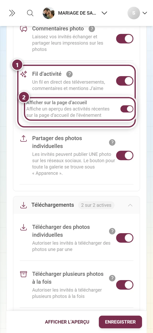 Paramètres des fonctionnalités avec la carte Fil d'activité mise en évidence et le sous-interrupteur Afficher sur la page d'accueil