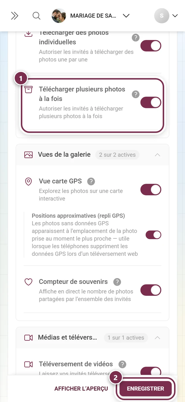 Carte de fonctionnalité pour le téléchargement groupé avec l'interrupteur et la barre d'enregistrement mis en évidence
