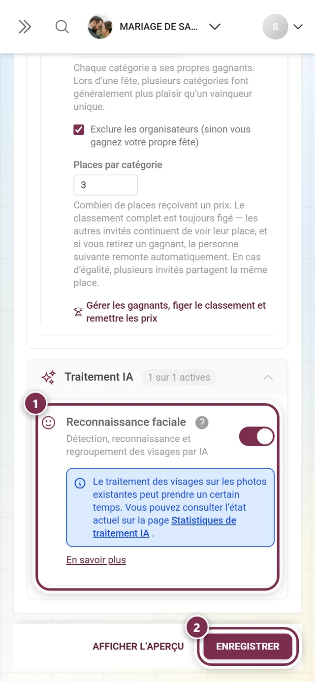 Carte de fonctionnalité Reconnaissance faciale avec l'interrupteur et la barre d'enregistrement mis en évidence