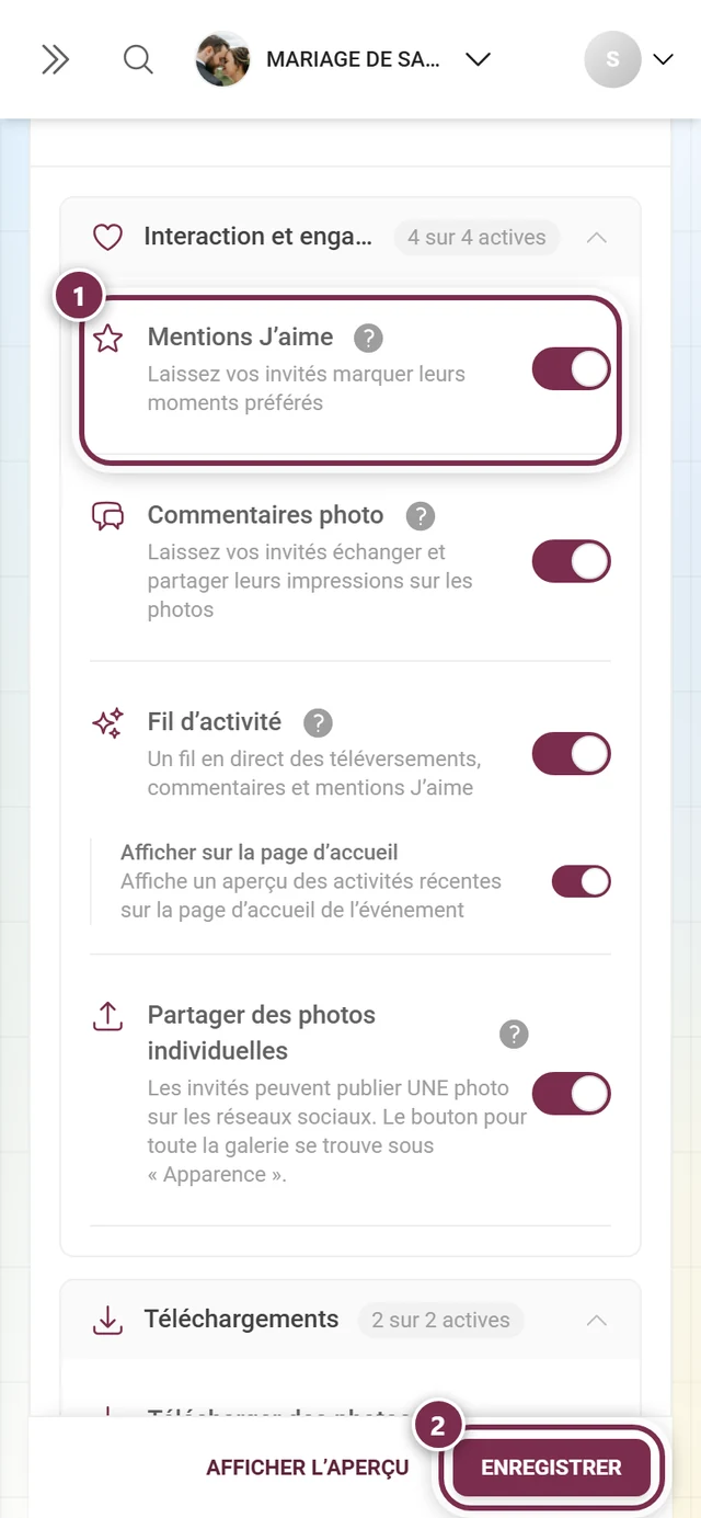 Carte de fonctionnalité Mentions J'aime avec l'interrupteur et la barre d'enregistrement mis en évidence