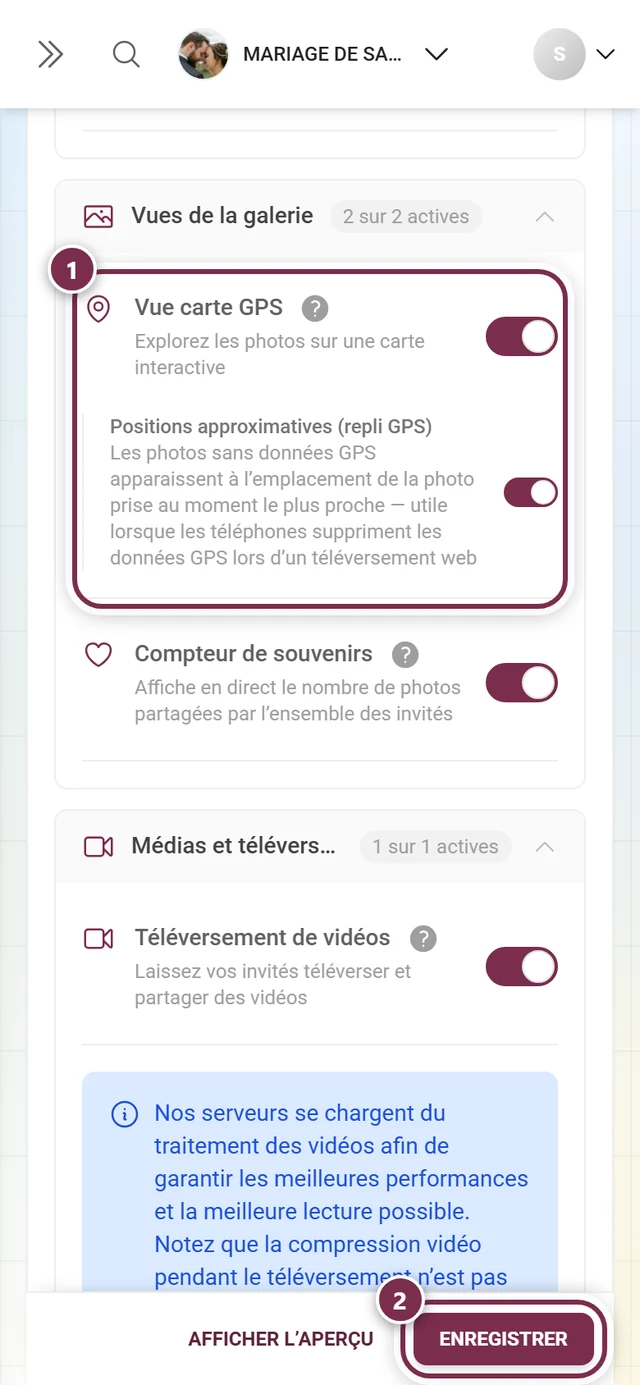 Carte de fonctionnalité Vue carte GPS avec l'interrupteur et la barre d'enregistrement mis en évidence