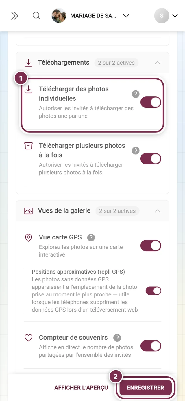 Paramètres : Fonctionnalités avec l'interrupteur Télécharger des photos individuelles mis en évidence