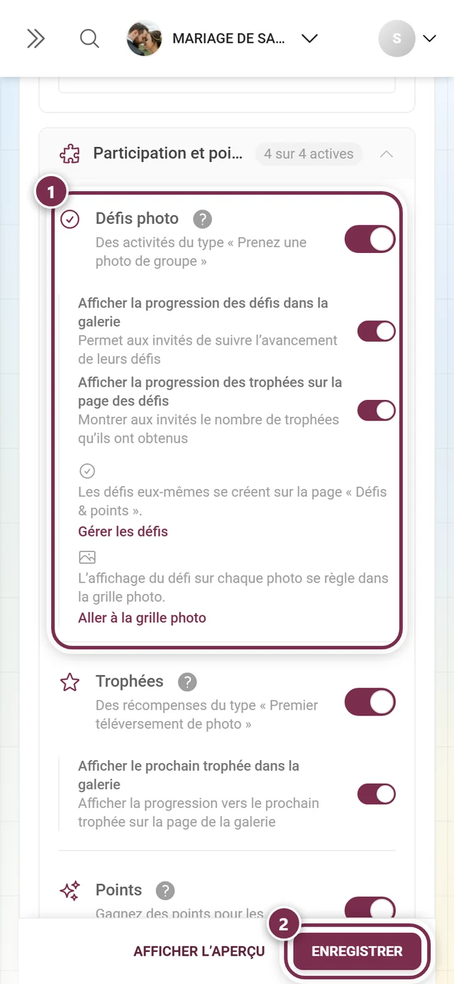 Carte de fonctionnalité Défis photo avec l'interrupteur et la barre d'enregistrement mis en évidence