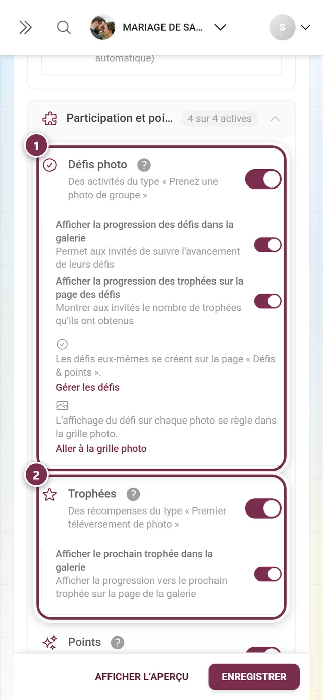 Section Participation et points avec défis photo, trophées, points et classement