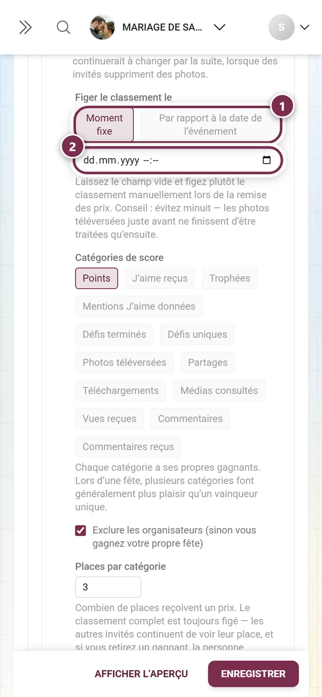 Les deux modes Moment fixe et Par rapport à la date de l'événement, avec le champ de date en dessous
