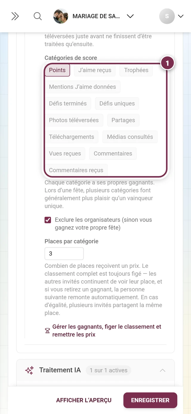 Les treize catégories de score sous forme de puces, Points sélectionné, plusieurs grisées