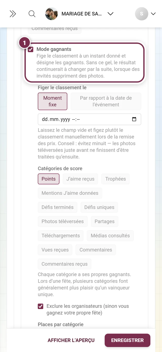 La case Mode gagnants dans la carte Classement, avec le texte explicatif en dessous