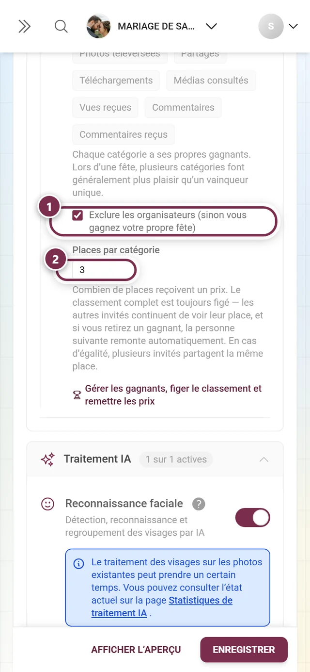 La case Exclure les organisateurs et en dessous le champ numérique Places par catégorie avec la valeur 3