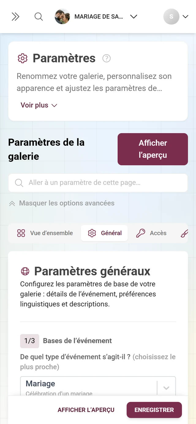 L'onglet Général des paramètres de la galerie avec les sections Bases de l'événement, Configuration des langues et Contenu de la galerie