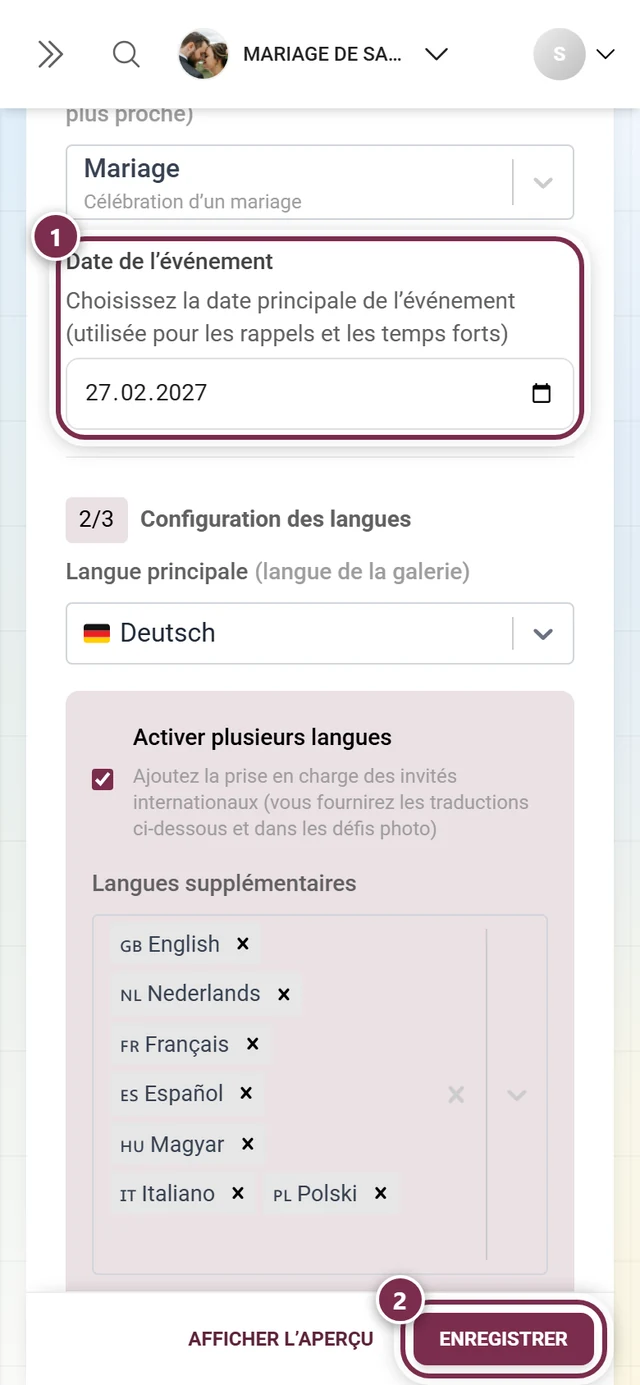 Champ Date de l'événement dans les paramètres généraux avec repère et barre d'enregistrement