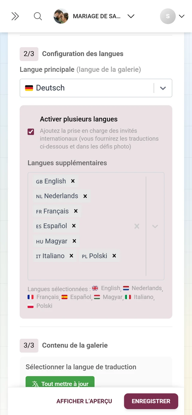 Section 2/3 Configuration des langues avec la langue principale et l'anglais comme langue supplémentaire