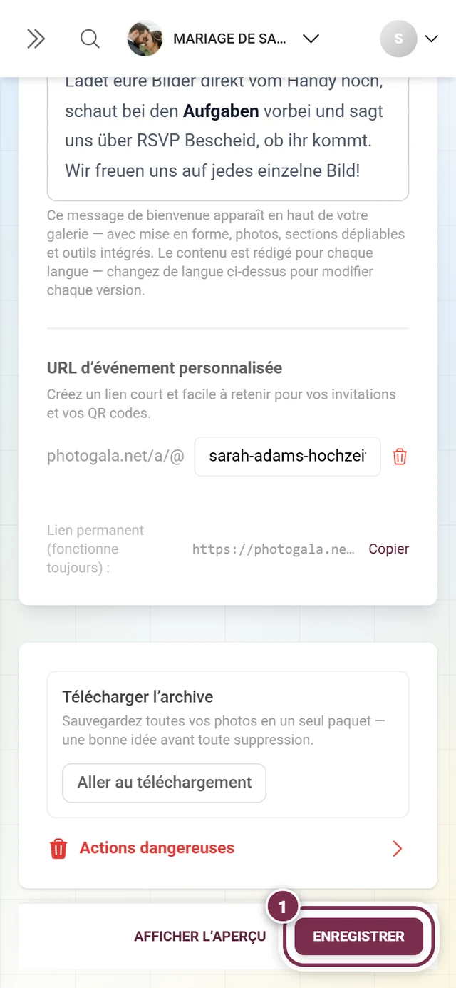 Barre d'enregistrement fixe en bas des paramètres