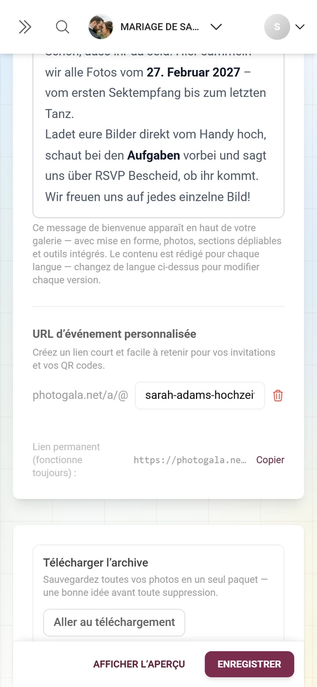 URL d'événement personnalisée avec son champ de saisie et le lien permanent en dessous