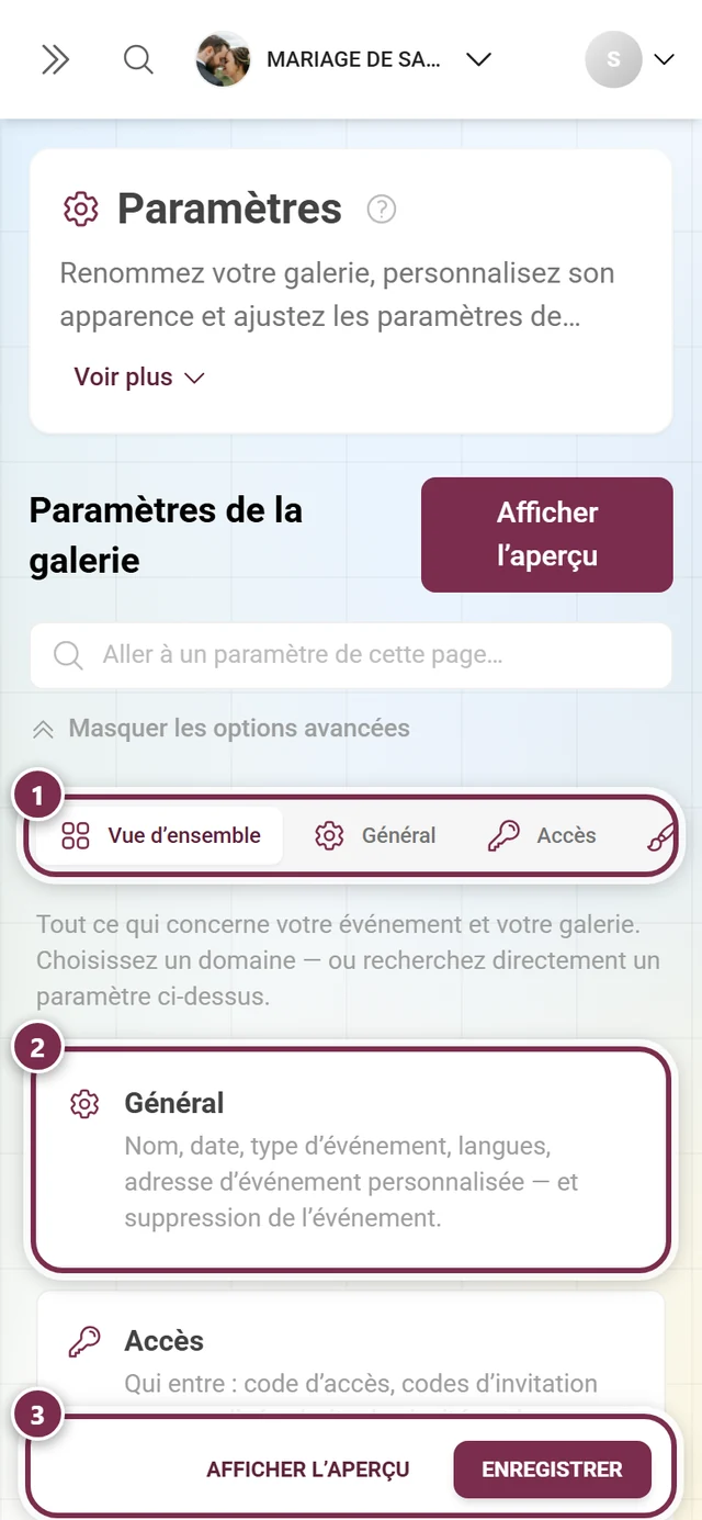 Vignettes de vue d'ensemble des paramètres de la galerie