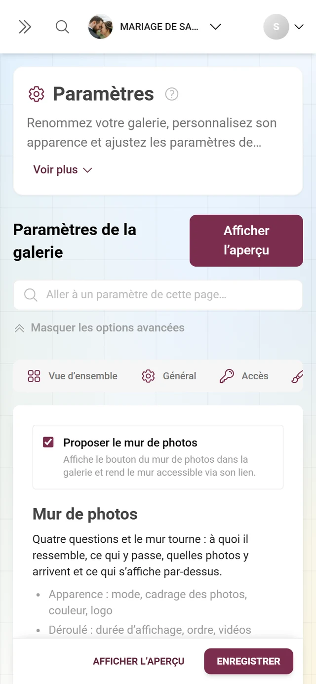 Onglet mur de photos avec l'interrupteur Proposer le mur de photos, le titre Mur de photos et l'aperçu de l'apparence, de la lecture, de la sélection et des incrustations
