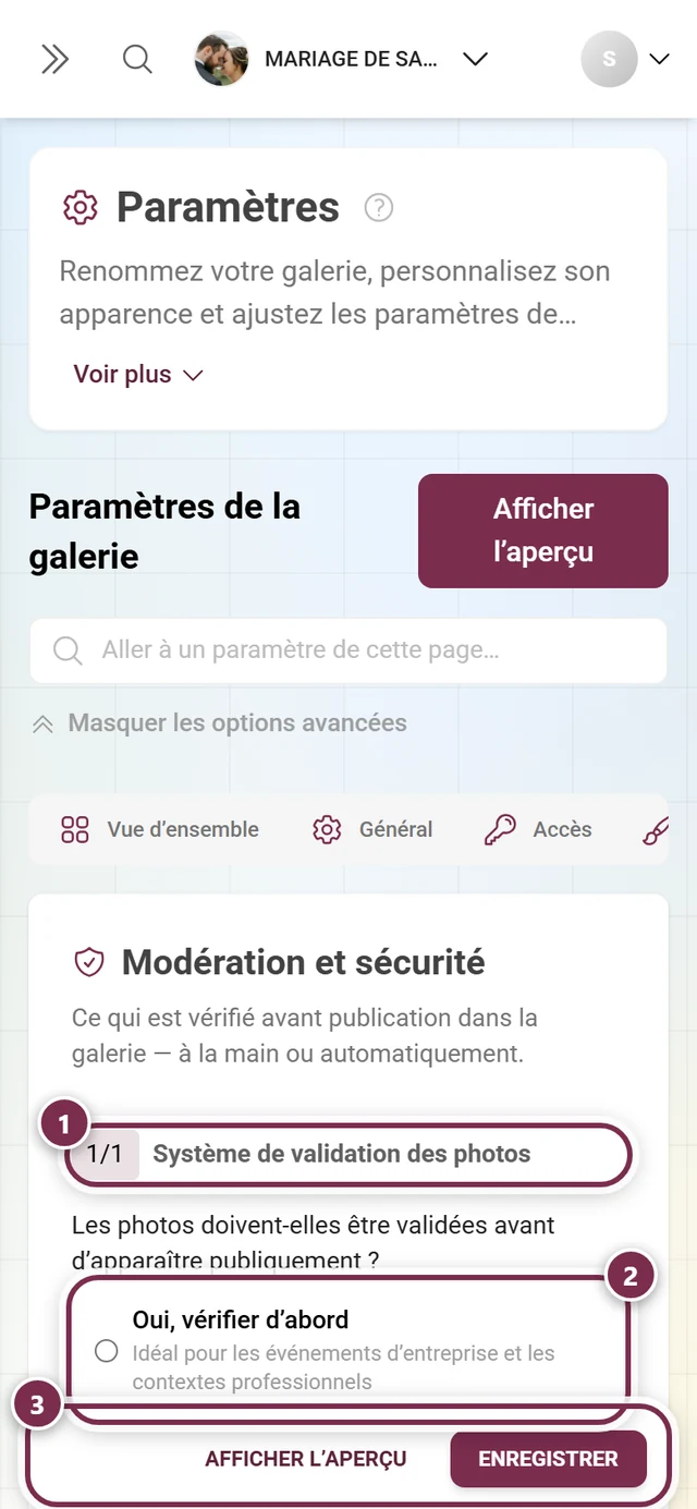 Onglet Modération et sécurité dans l'espace d'administration