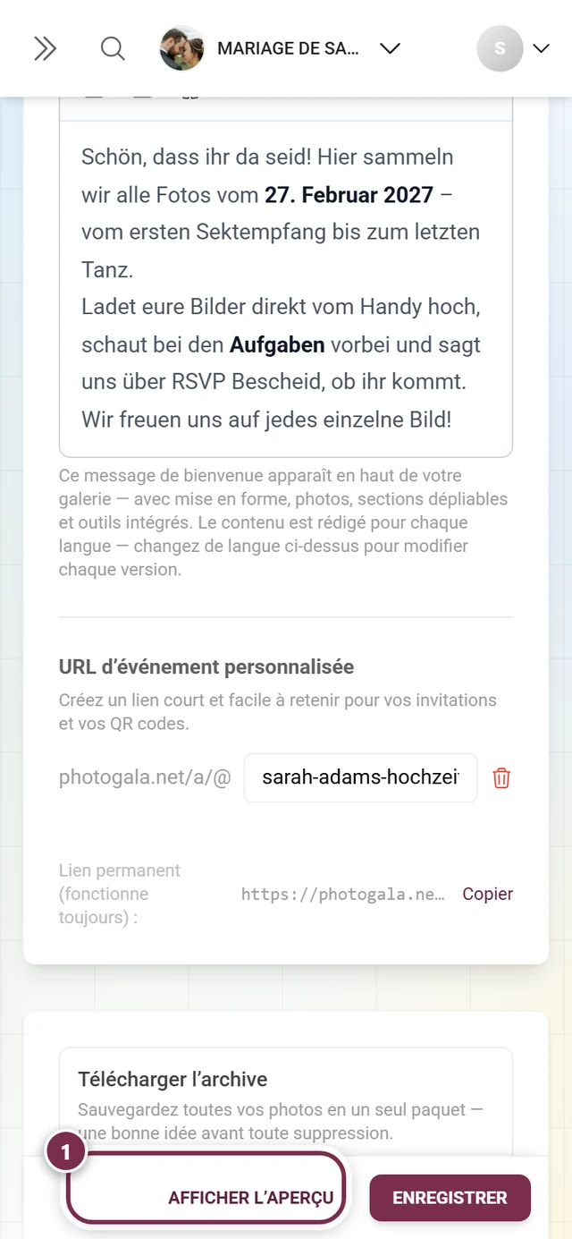 Bloc Télécharger l'archive avec le lien Aller au téléchargement mis en évidence