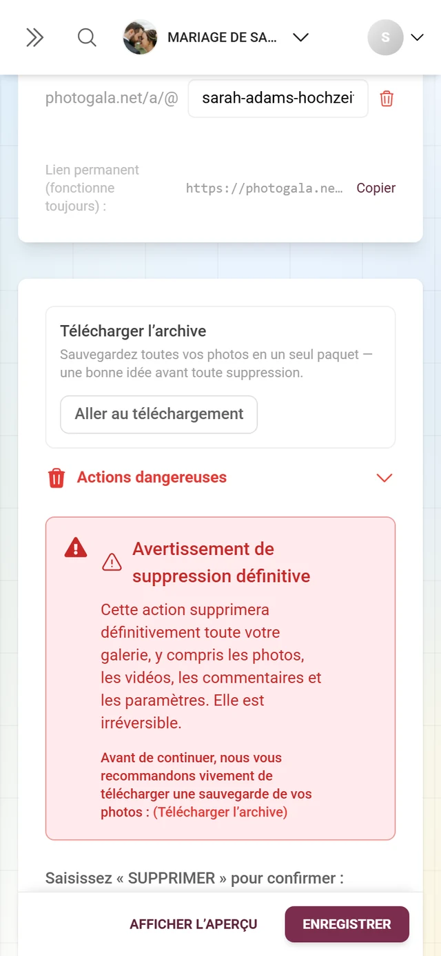 Le bloc Actions dangereuses à la fin de l'onglet Général avec son champ de confirmation