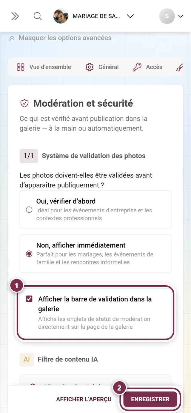 Carte Afficher la barre de validation dans la galerie avec l'interrupteur et la barre d'enregistrement mis en évidence