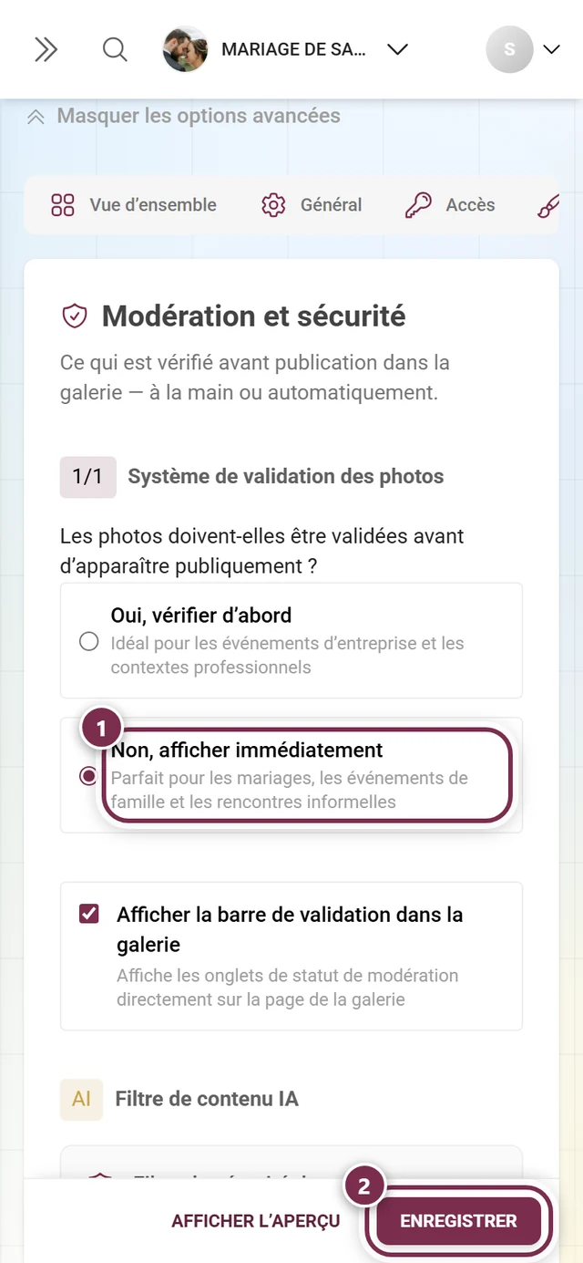Paramètres, onglet Modération et sécurité, avec la question sur la validation des photos et la barre d'enregistrement