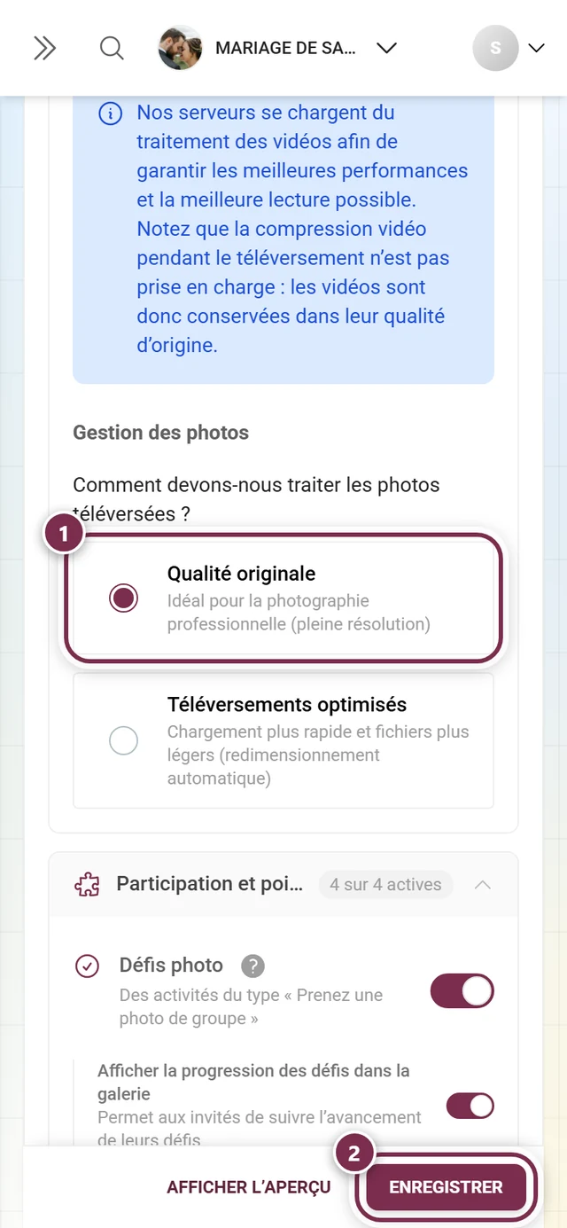 Gestion des photos avec l'option Qualité originale mise en évidence et la barre d'enregistrement mise en évidence