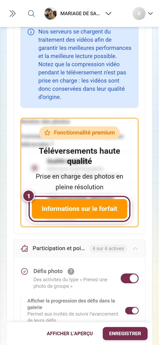 Bloc Gestion des photos recouvert d'une mention orange d'upgrade, le bouton mis en évidence