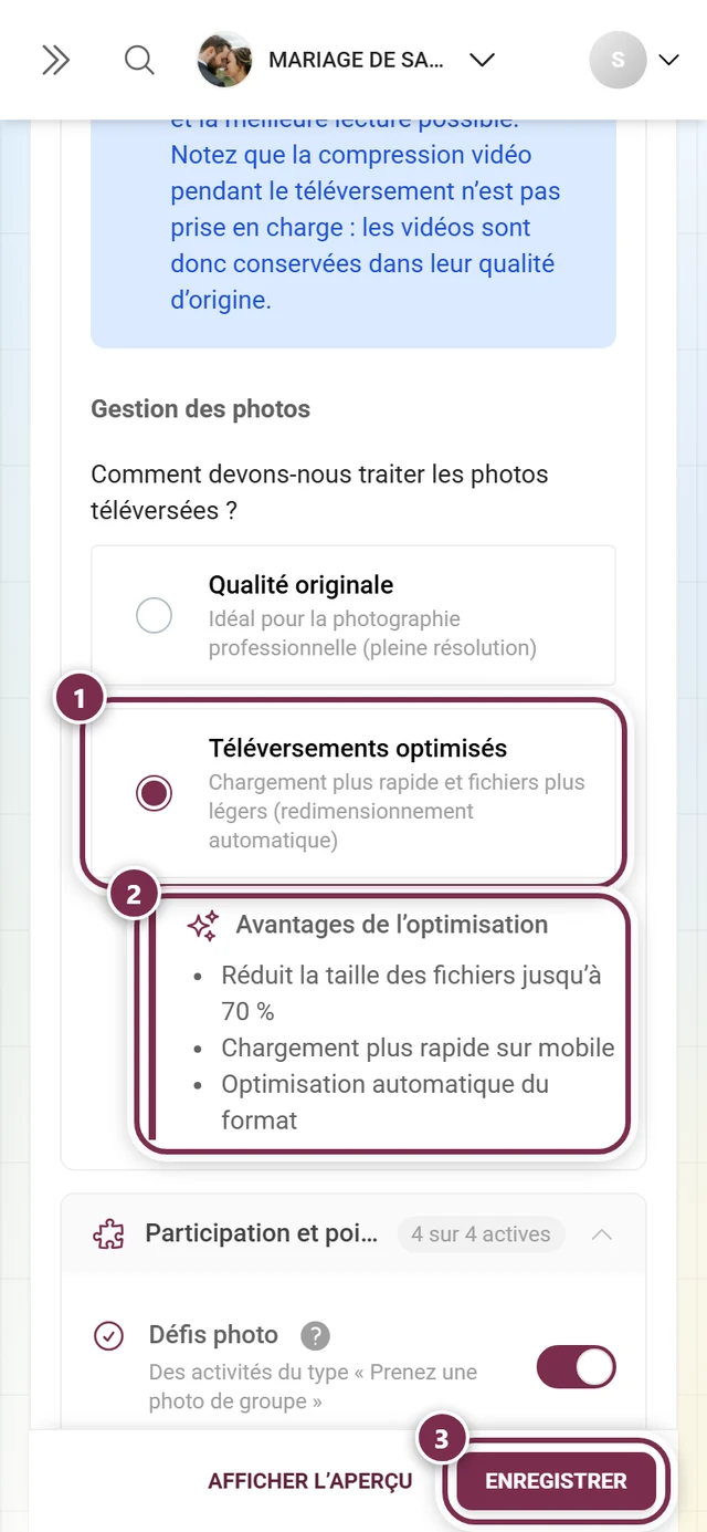 Téléversements optimisés sélectionné, l'encadré Avantages de l'optimisation affiché en dessous, la barre d'enregistrement en bas