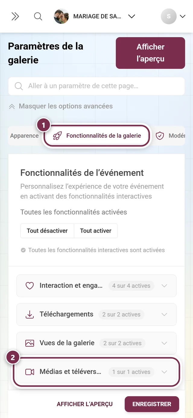 Onglet Fonctionnalités de la galerie mis en évidence, en dessous la section Médias et téléversement mise en évidence