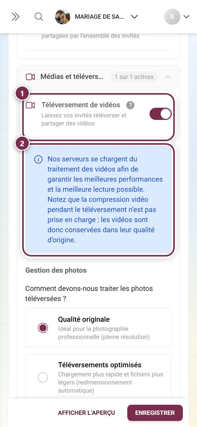 Interrupteur Téléversement de vidéos et, en dessous, la remarque bleue sur le traitement vidéo, tous deux mis en évidence