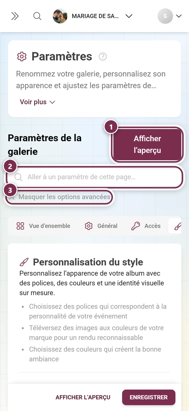 Paramètres d'apparence avec logo, couleurs et image de couverture