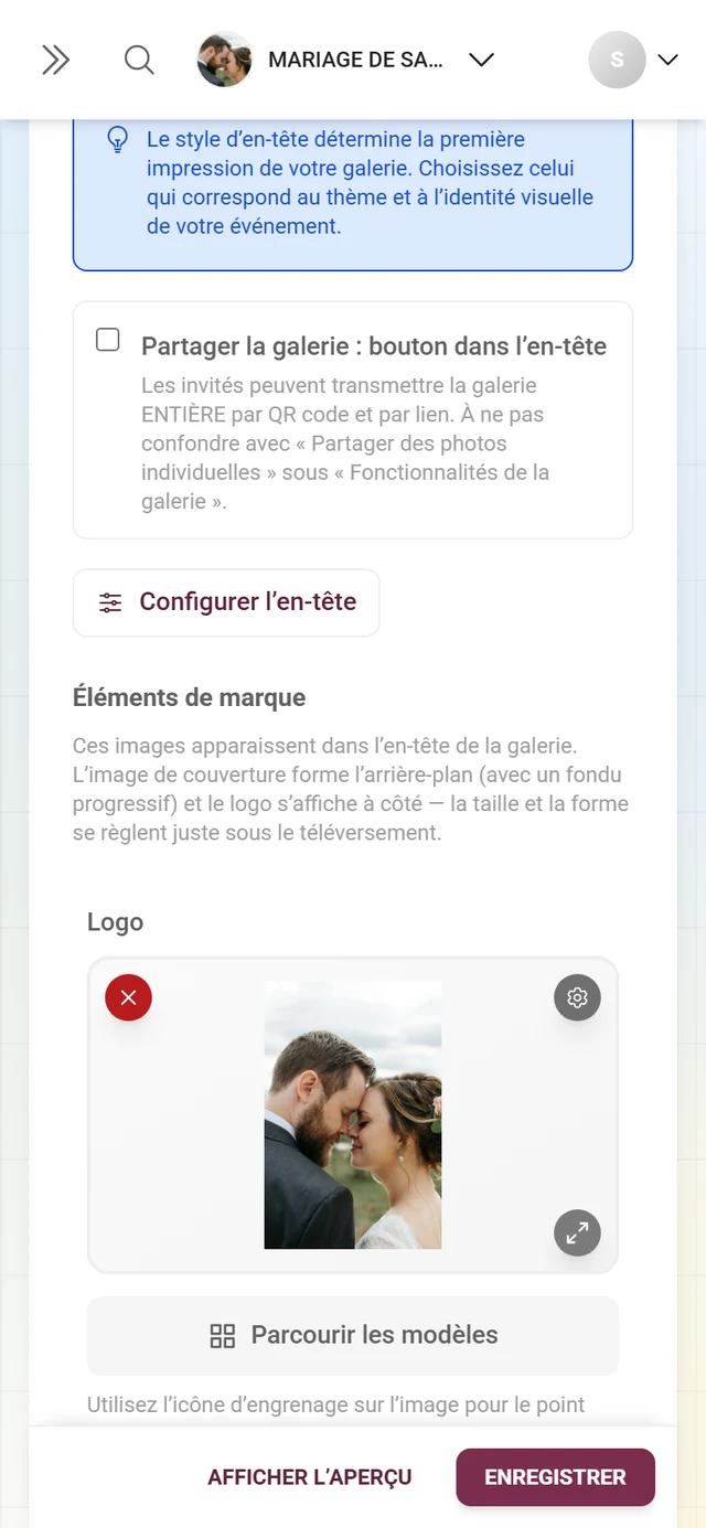 Case Partager la galerie, bouton Configurer l'en-tête et les champs de téléversement Logo et Image de couverture vides