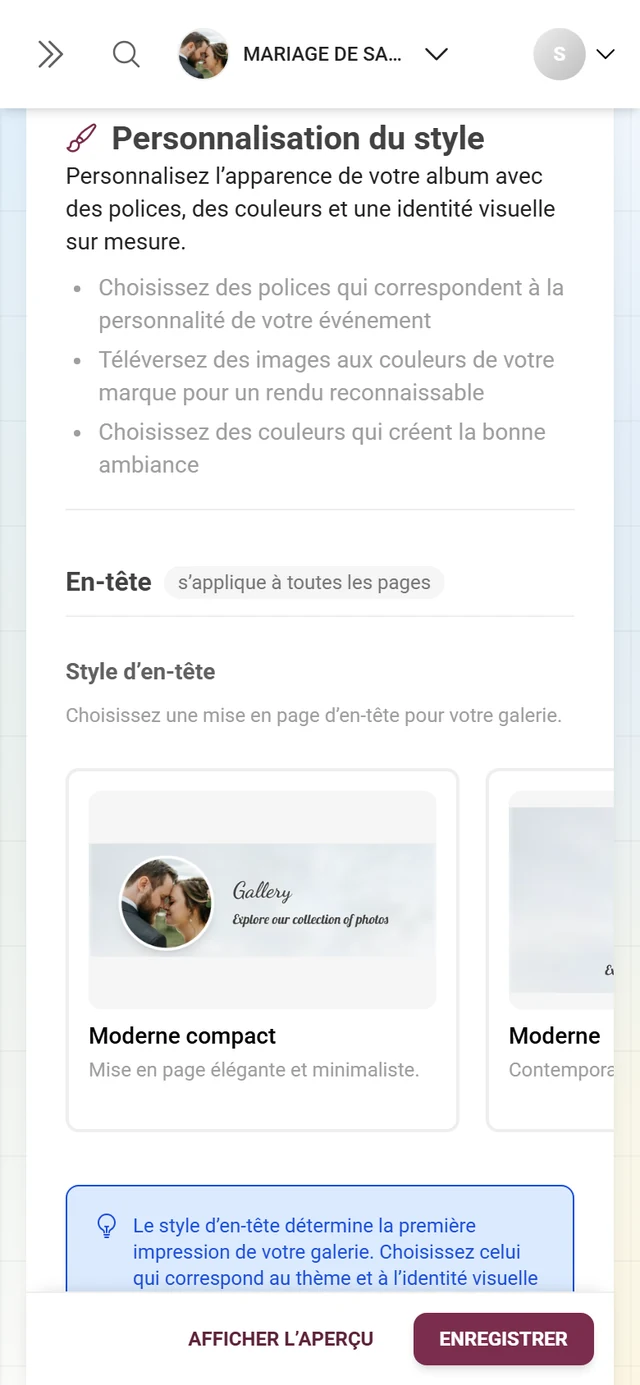 Bloc Style de l'en-tête avec les cartes d'aperçu Moderne compact, Moderne, Polaroid et Minimaliste