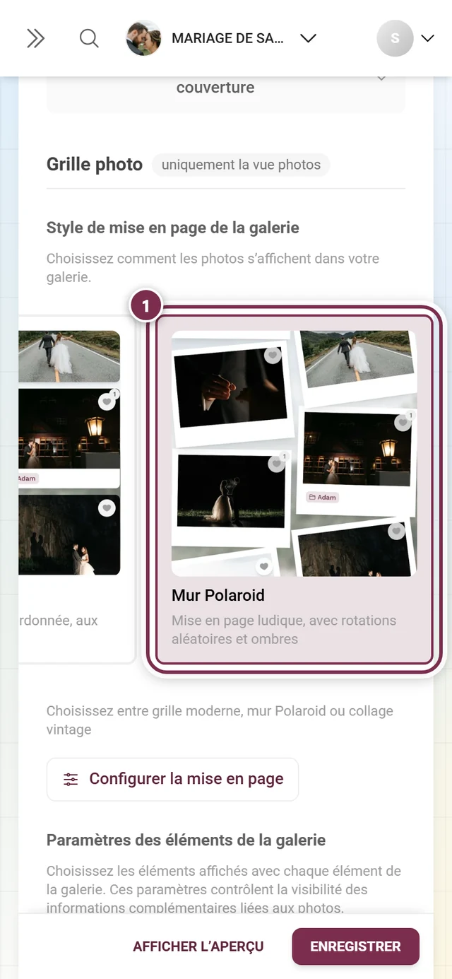 Sélecteur de mise en page de la galerie avec la vignette active mise en évidence