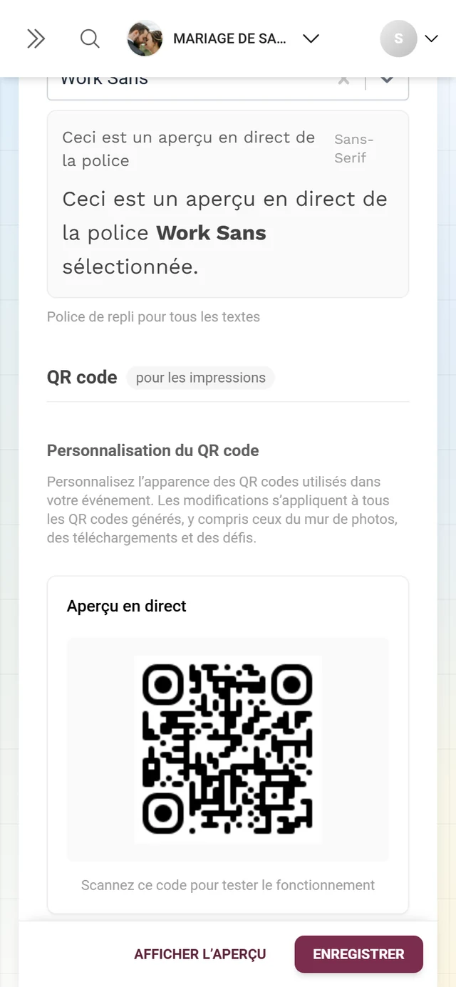 Bloc Personnalisation du QR code avec aperçu en direct, bouton Concepteur de QR code et astuces pro